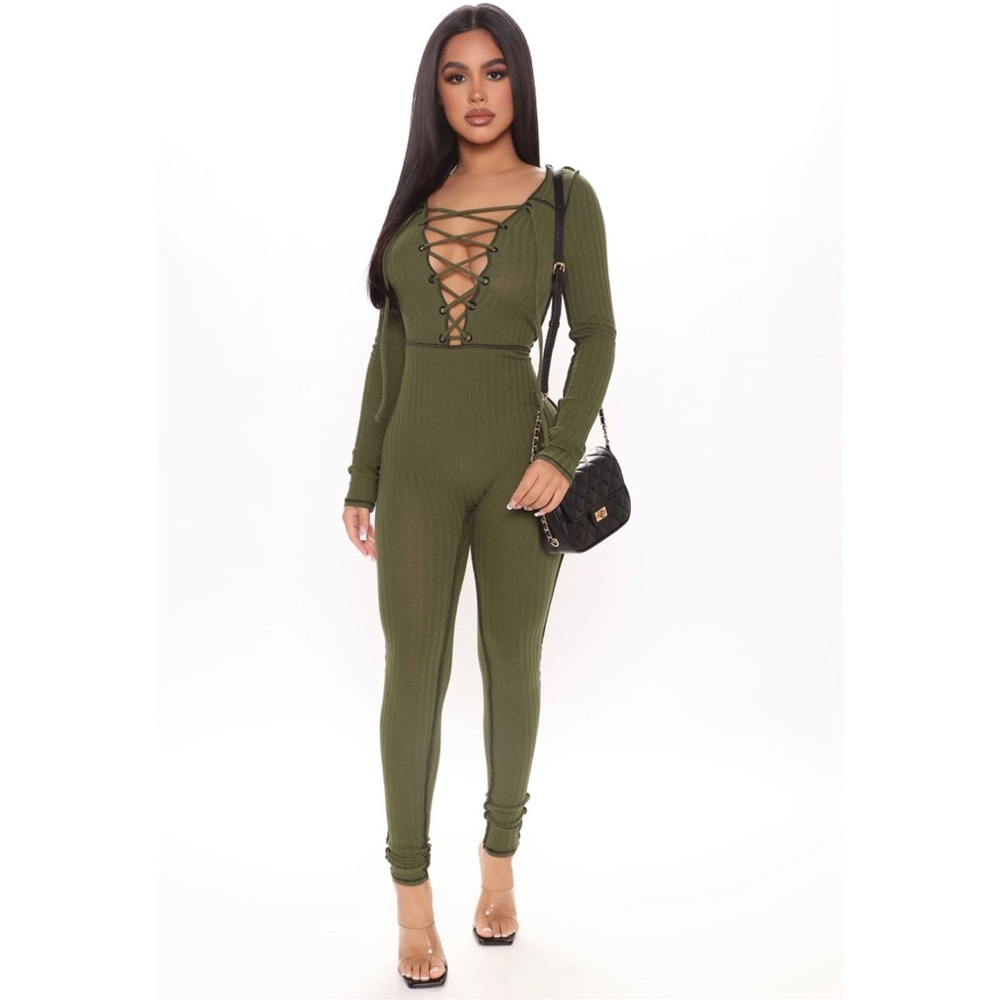 Lace Up Jumpsuit - Olive